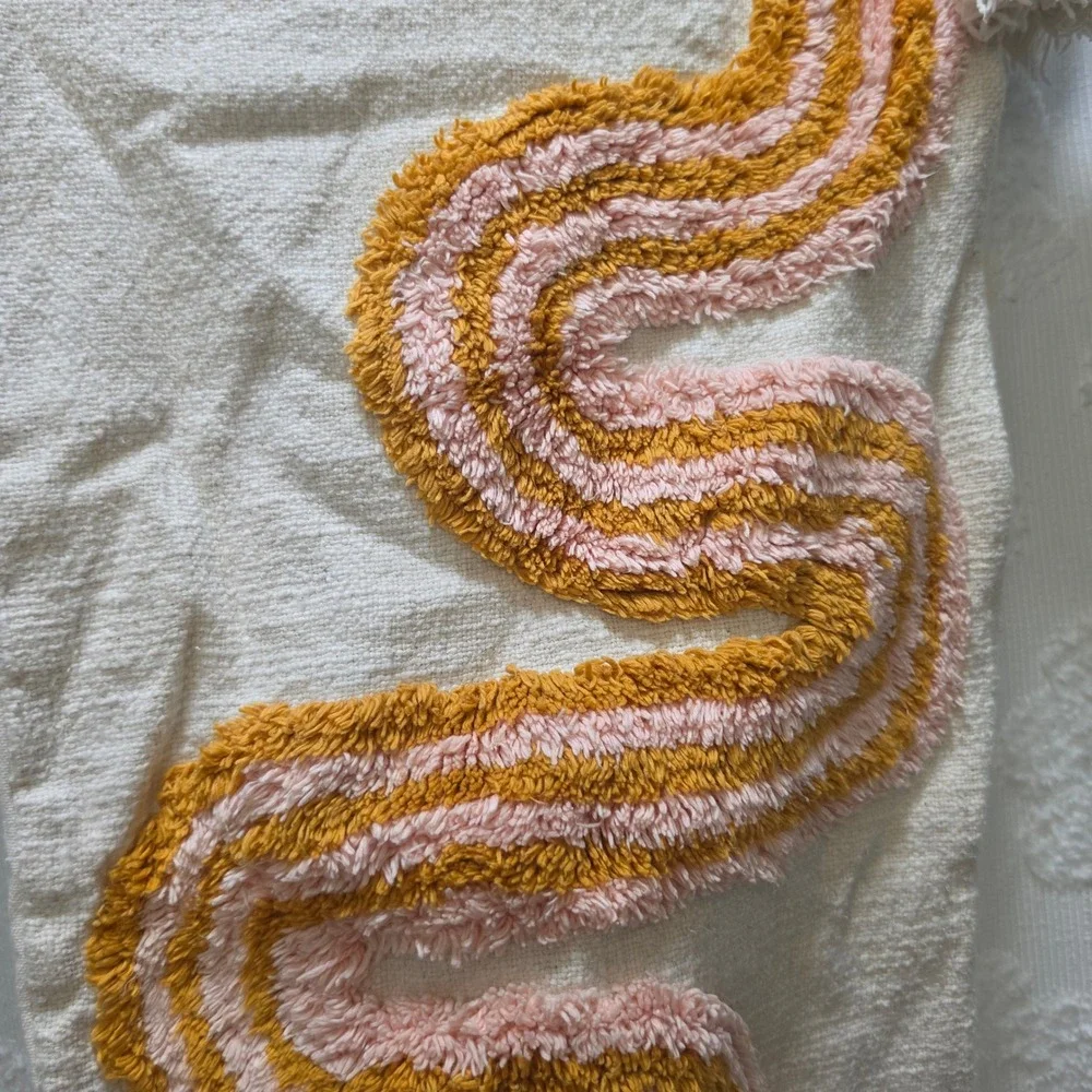 Nomad West Tufted Wavy Rainbow Lumbar Pillow Cover Cream‎ Mustard Pink Tassels